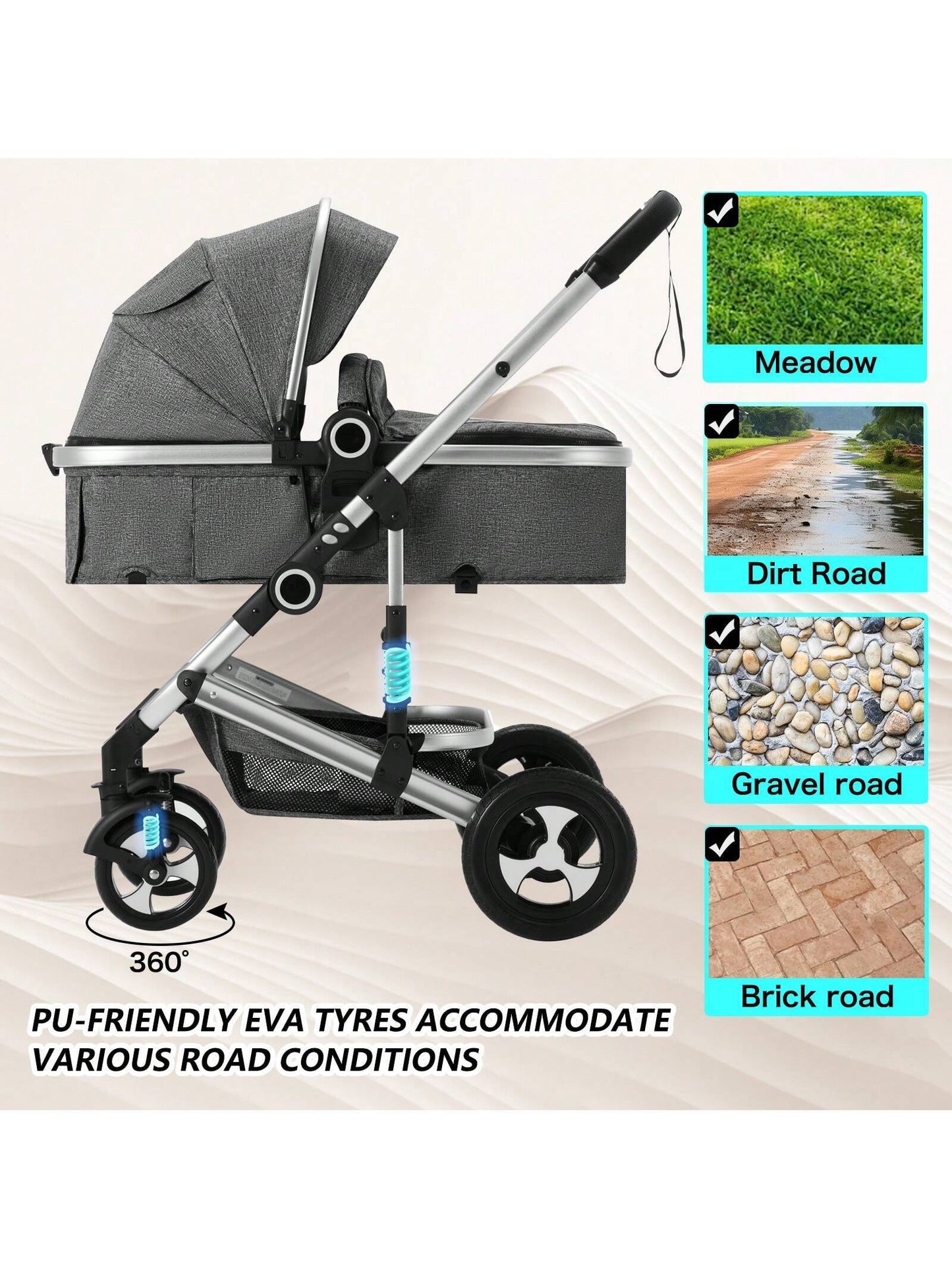 Kinder King 2 in 1 Convertible Baby Stroller, Folding High Landscape Infant Carriage, Newborn Reversible Pram, Adjustable Canopy, Diaper Bag