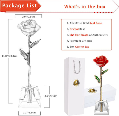 Valentines Day Gift Rose, Long Stem Rose Made from 24K Gold Dipped Real Rose Gift for Her Rose(Red with Crystal Vase)