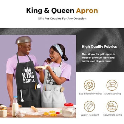 King & Queen Apron Set - Wedding Engagement Gifts for Couples, Funny Kitchen