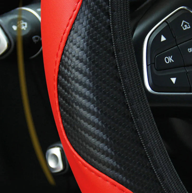Car Steering Wheel Cover Red Black Leather Anti-Slip for 15"/38Cm Carbon Fiber