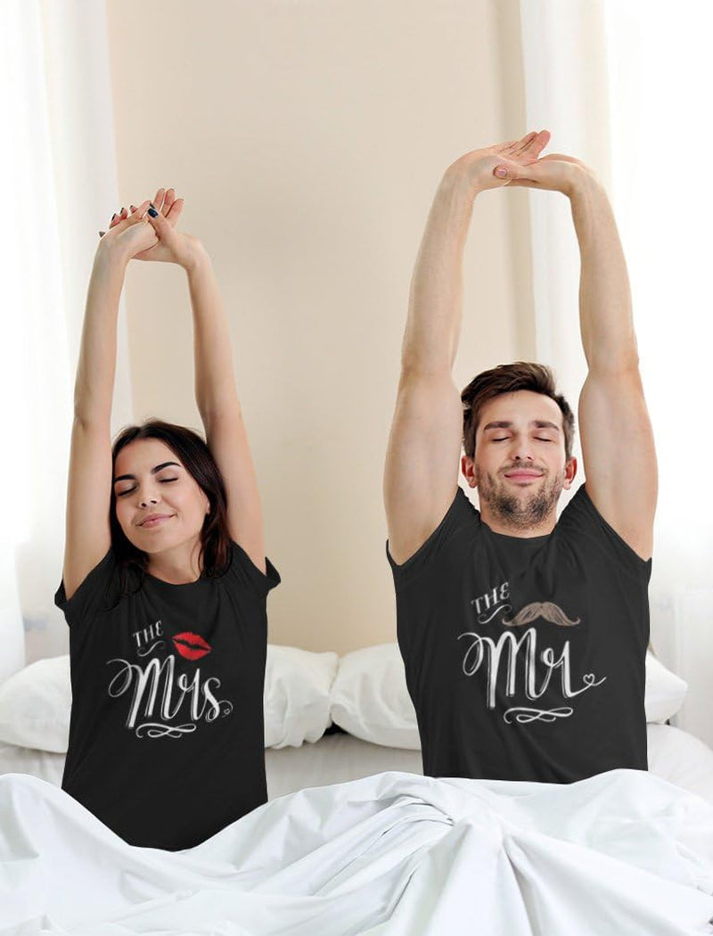 Mr & Mrs Matching Shirts for Couples Husband Wife Him and Her Couple Outfits T-Shirts Men Small/Women Medium Black
