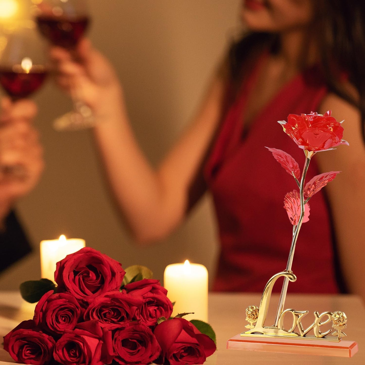 Valentines Day Rose Gifts for Her,Birthday Gifts for Women,Mothers Day Flowers Gifts for Mom,Red Artificial Flower Present with Love Stand for Wife,Grandma,Daughter,Birthday,Anniversary