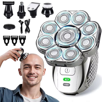 4D Head Shavers for Bald Men, Upgraded 9 Floating Heads 6-In-1 Rechargeable Waterproof Wet Dry Bald Head Shavers for Men