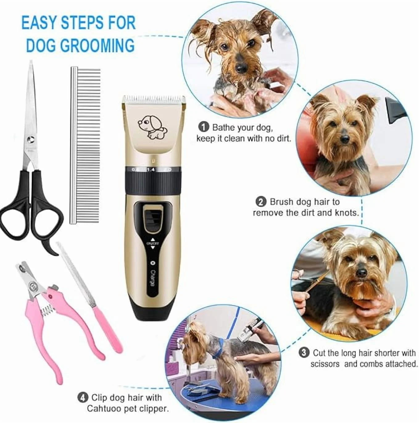 Pet Hair Clipper Dog Hair Clippers, Dog Grooming Kit, Cordless Quiet Pets Clippers Hair Trimmer, Dog Shaver Clipper with 4 Comb Guides, 5 Size Fine Tuning Knob for Thick Coats Cats