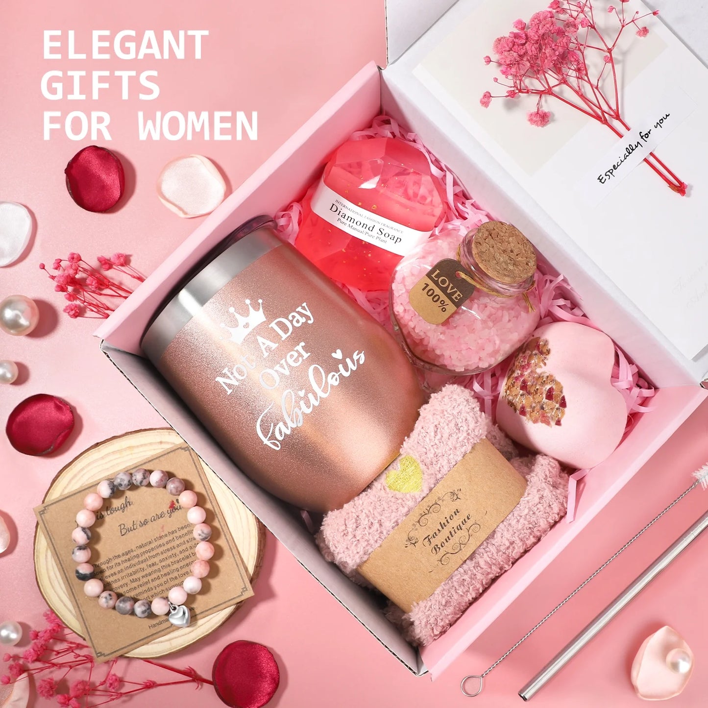 Gift Baskets Set for Women, 10 Pack Bath and Body Set for Christmas Holiday Birthday Gift, Pink