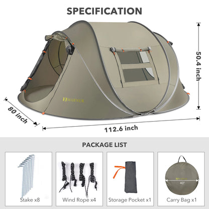 Instant Tent 4-Person Camp Tent, Auto Setup Pop up Tent, Pordable, Huge Door & Windows, Outdoor, Green