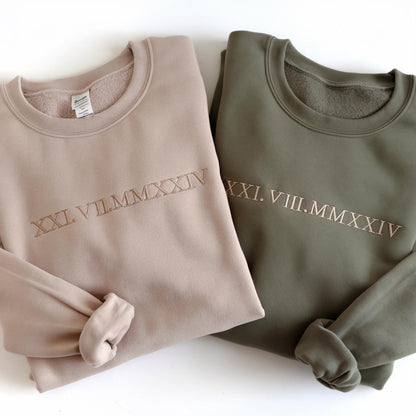 Custom Embroidered Roman Numeral Date Sweatshirt Initial on Sleeve | Valentines Couples Gift 1St Anniversary Gift