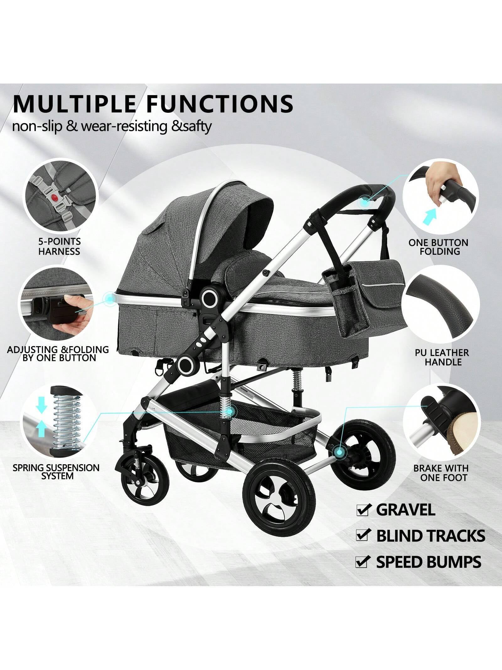 Kinder King 2 in 1 Convertible Baby Stroller, Folding High Landscape Infant Carriage, Newborn Reversible Pram, Adjustable Canopy, Diaper Bag