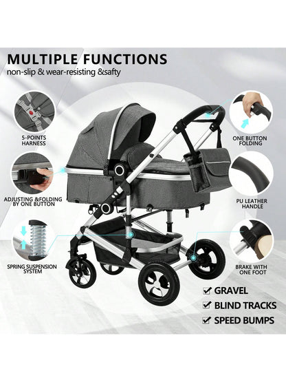 Kinder King 2 in 1 Convertible Baby Stroller, Folding High Landscape Infant Carriage, Newborn Reversible Pram, Adjustable Canopy, Diaper Bag