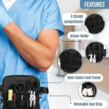 4-In-1 Nurse Fanny Pack with Medical Gear Pockets, Tape Holder, and Utility Storage for Stethoscopes, Bandage Scissors, and Emergency Supplies, Student and Nurse Use (Black)