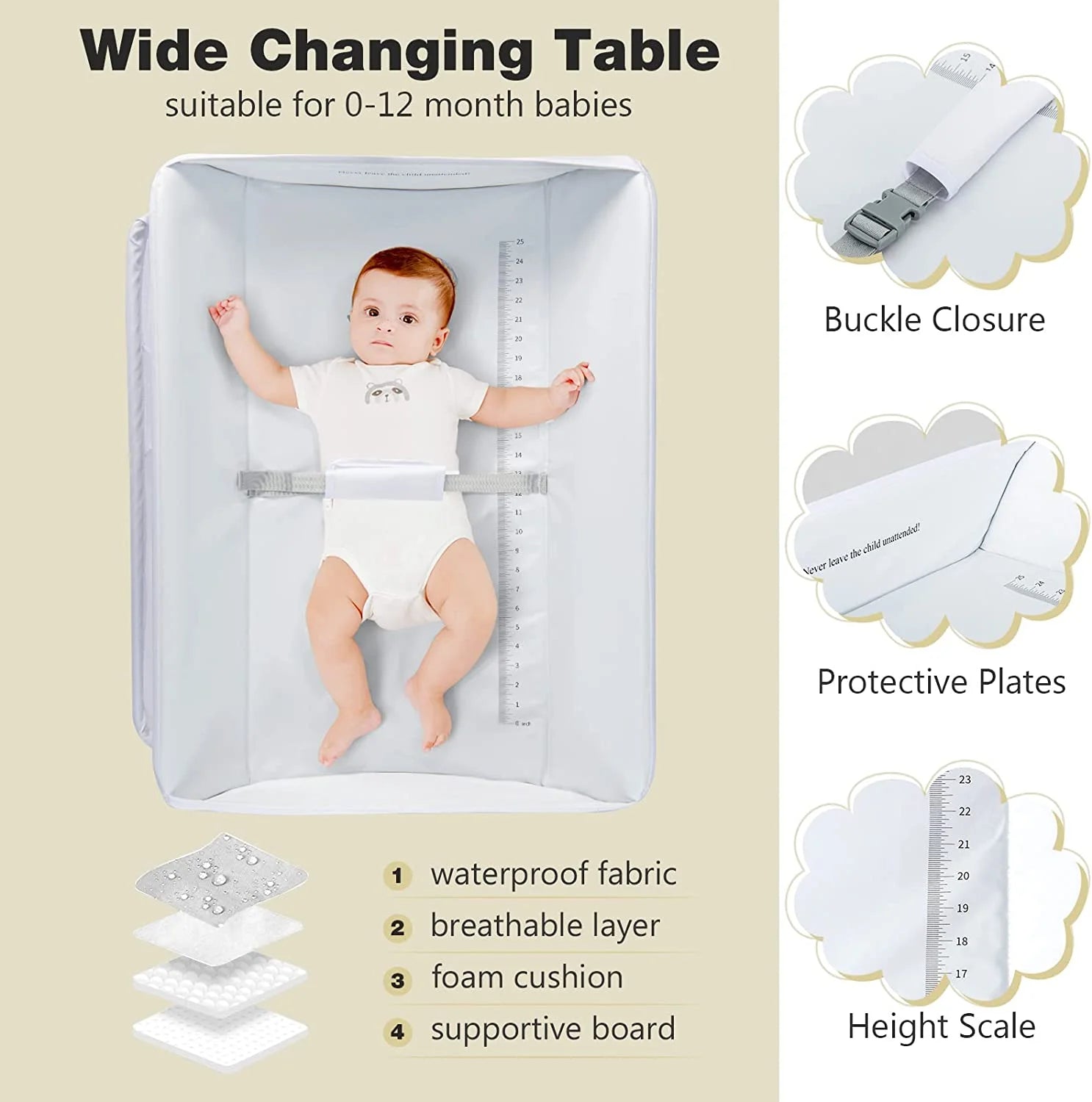 Baby Changing Table, Folding Diaper Station Portable Nursery Organizer with Safety Belt and Large Storage Racks for Newborn Baby and Infant (White)