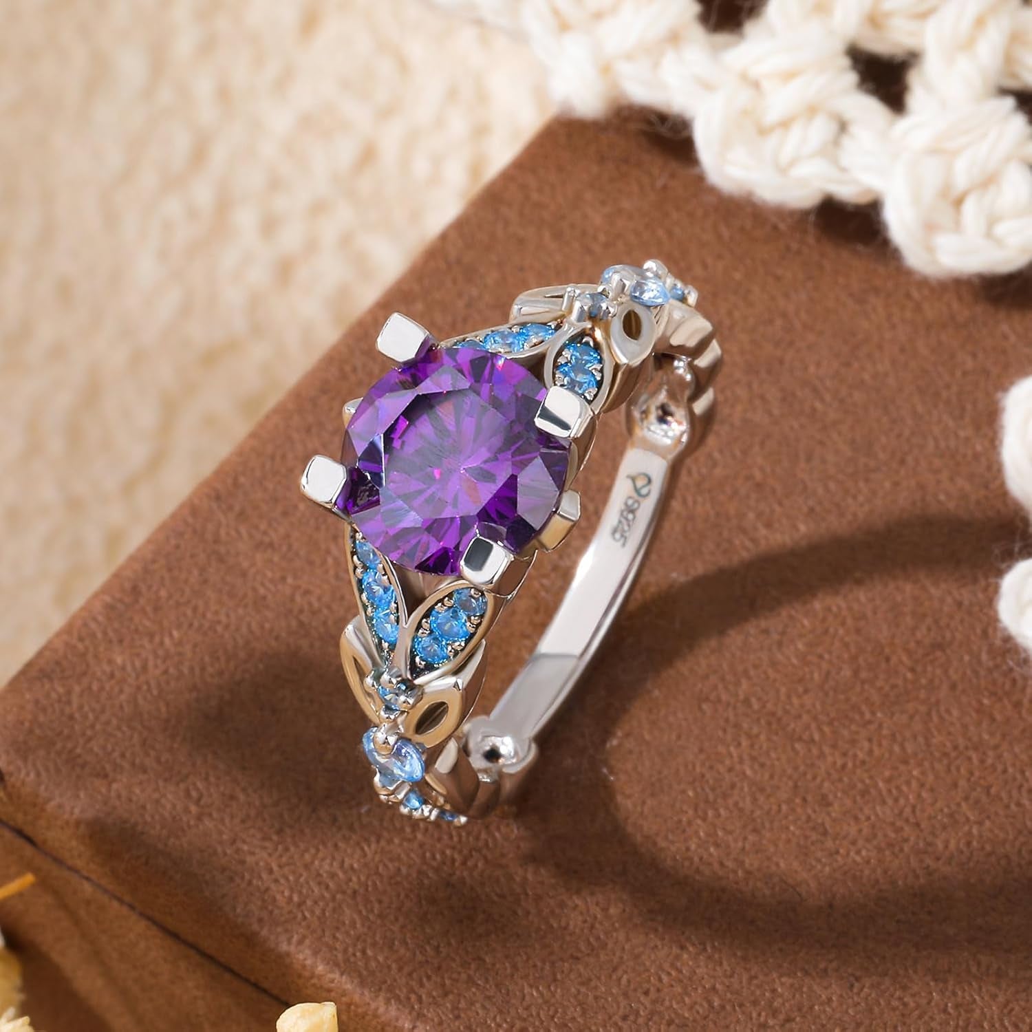 4.3 Carat Personalized Sterling Silver Butterfly Rings for Women Purple Amethyst Bridal round Cut Wedding Engagement Eternity Valentine'S Promise Ring Set