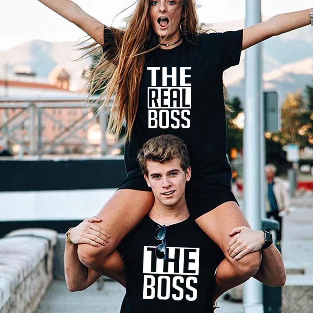 Matching Couple T-Shirts - His & Her - the Boss & the Real Boss -Letter Print - Short Sleeve - T-Shirt