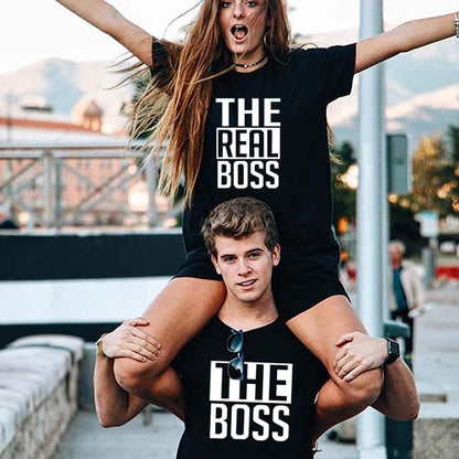 Matching Couple T-Shirts - His & Her - the Boss & the Real Boss -Letter Print - Short Sleeve - T-Shirt