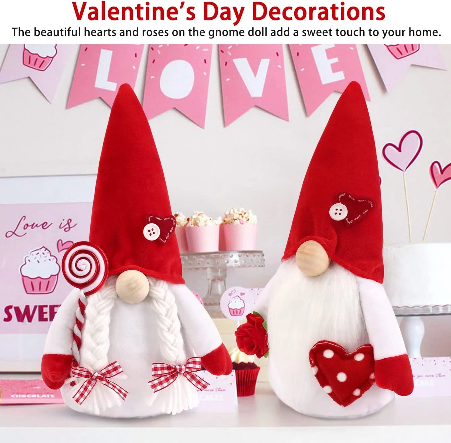 2PCS Valentines Day Gnome Plush Decorations Swedish Tomte Gnomes, Romantic Valentines Day Decor Scandinavian Gnomes Decorations, 11.4 Inche