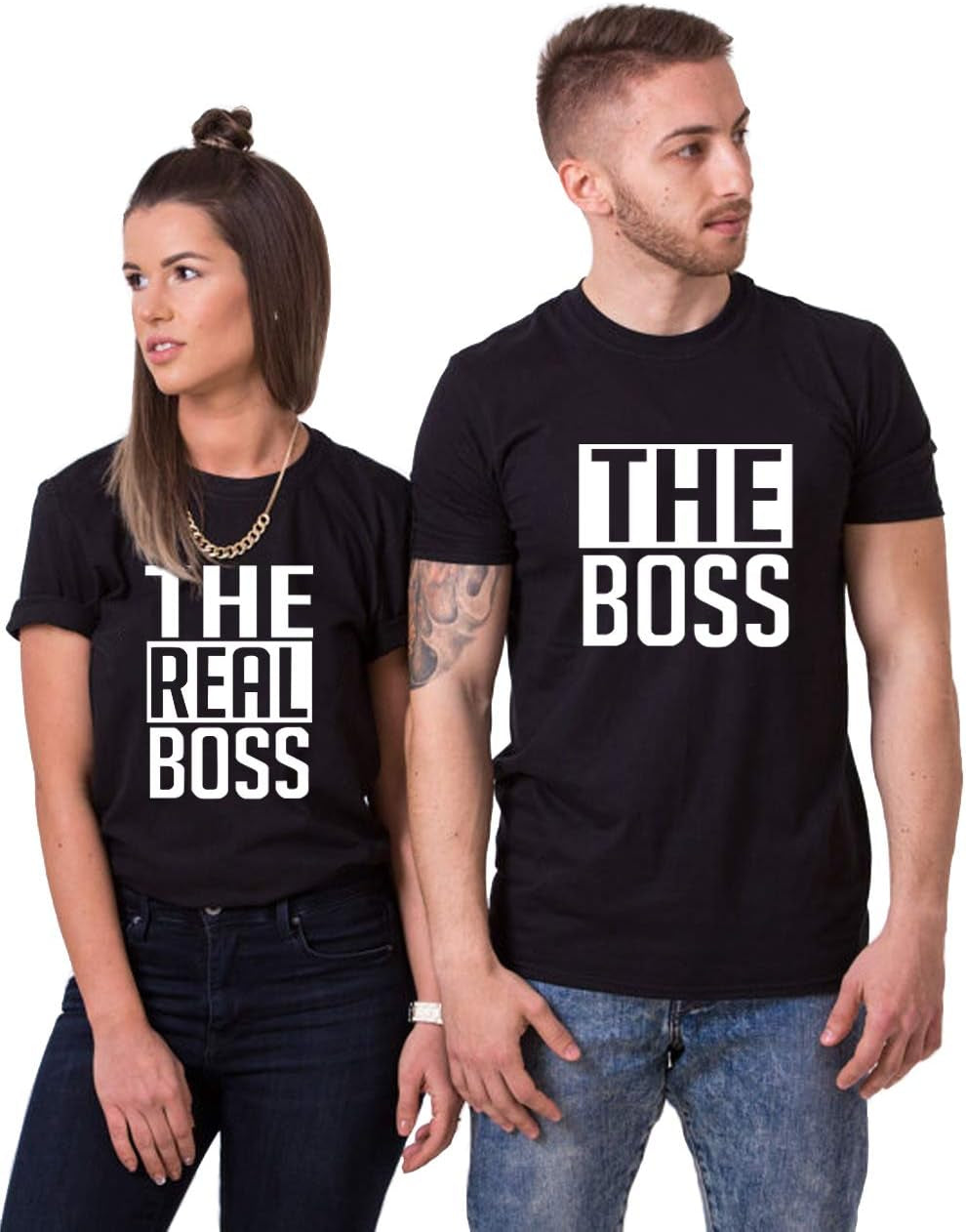 Matching Couple T-Shirts - His & Her - the Boss & the Real Boss -Letter Print - Short Sleeve - T-Shirt