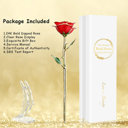 Valentines Day Gift Rose,24K Gold Real Rose Gift for Her and Great Valentines Gift for Her Rose, Red Rose with Stand