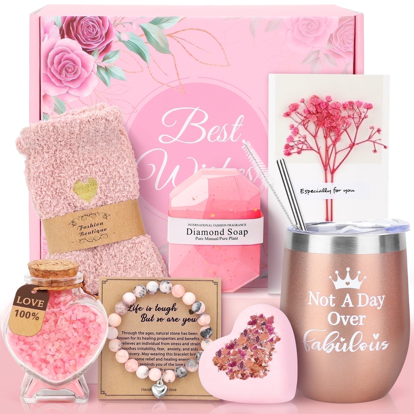 Gift Baskets Set for Women, 10 Pack Bath and Body Set for Christmas Holiday Birthday Gift, Pink
