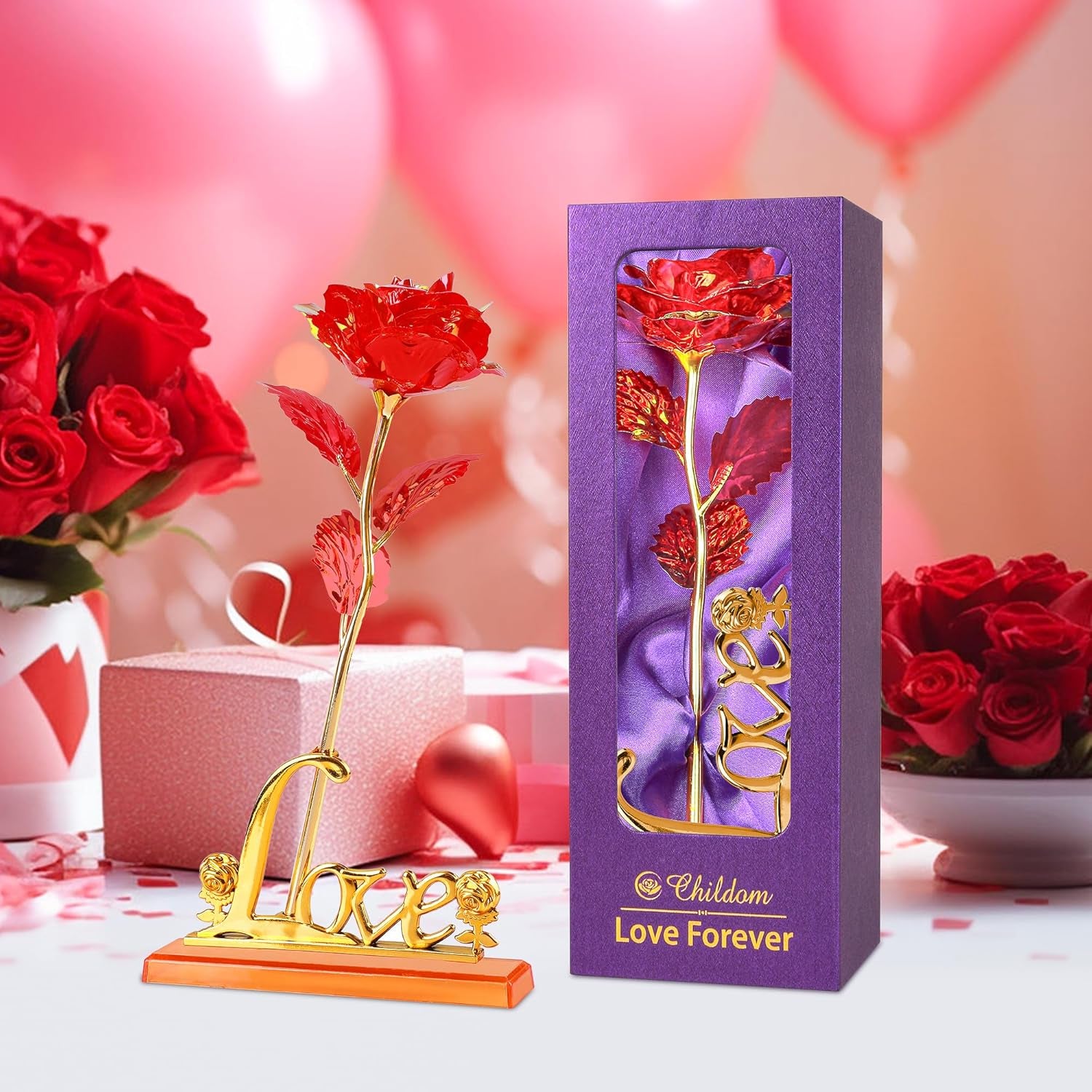 Valentines Day Rose Gifts for Her,Birthday Gifts for Women,Mothers Day Flowers Gifts for Mom,Red Artificial Flower Present with Love Stand for Wife,Grandma,Daughter,Birthday,Anniversary