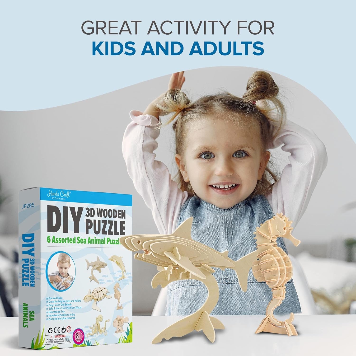 DIY 3D Wooden Puzzle – 6 Assorted Sea Animals Bundle Pack Set Brain Teaser Puzzles Educational STEM Toy Adults and Kids to Build Safe and Non-Toxic Easy Punch Out Premium Wood JP2B5