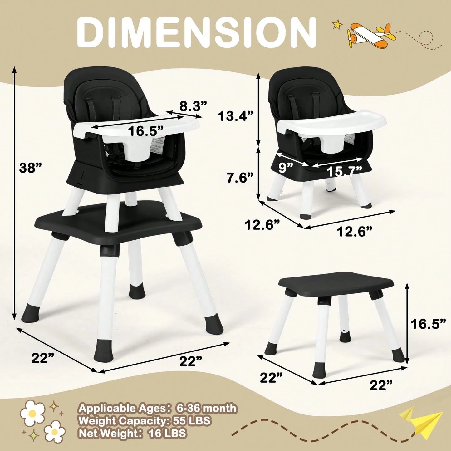 Kinder King 8 in 1 Baby High Chair, Coverts to Dining Booster Seat/Kids Table & Chair Set/Toddler Building Block Table/Kids Stool, Removable Tray & Double Seat Cover, Easy to Wipe, Christmas Gift, Black