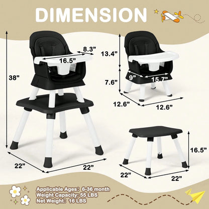 Kinder King 8 in 1 Baby High Chair, Coverts to Dining Booster Seat/Kids Table & Chair Set/Toddler Building Block Table/Kids Stool, Removable Tray & Double Seat Cover, Easy to Wipe, Christmas Gift, Black