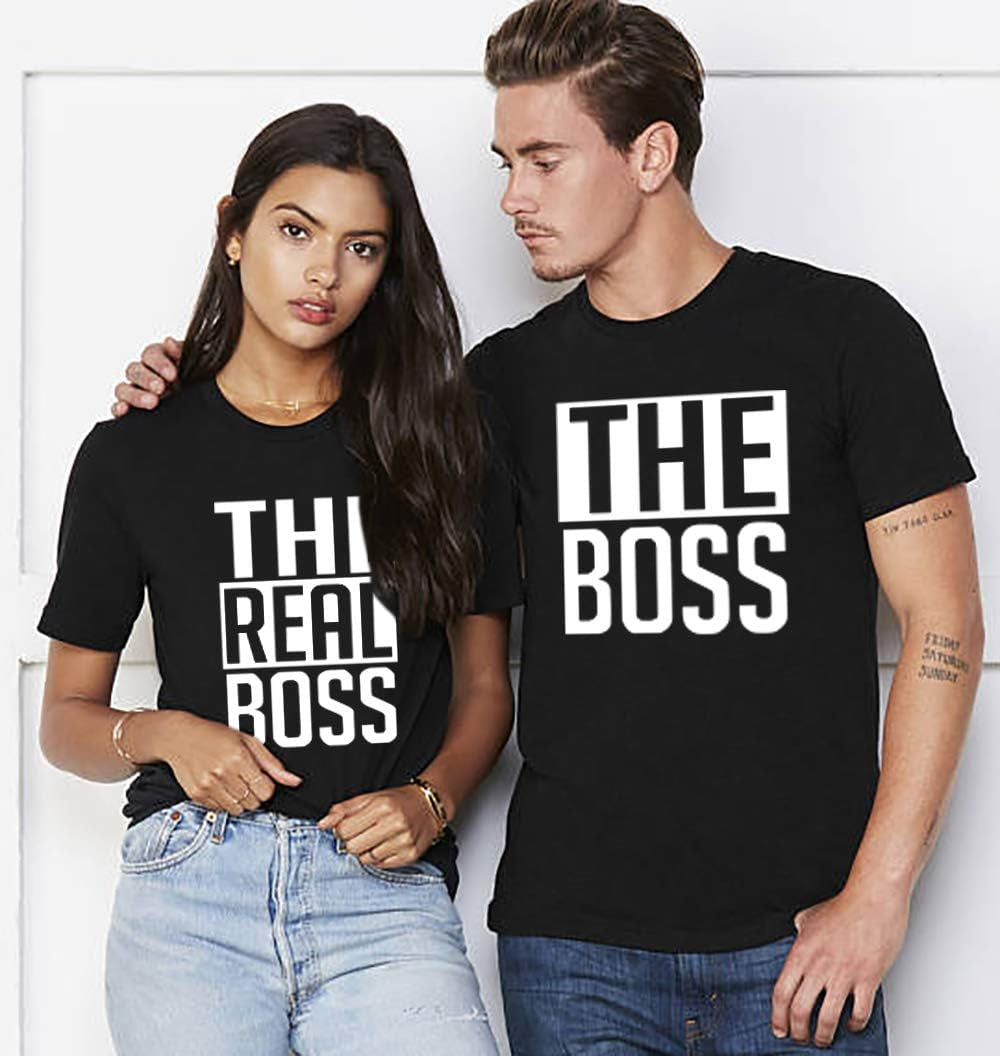 Matching Couple T-Shirts - His & Her - the Boss & the Real Boss -Letter Print - Short Sleeve - T-Shirt