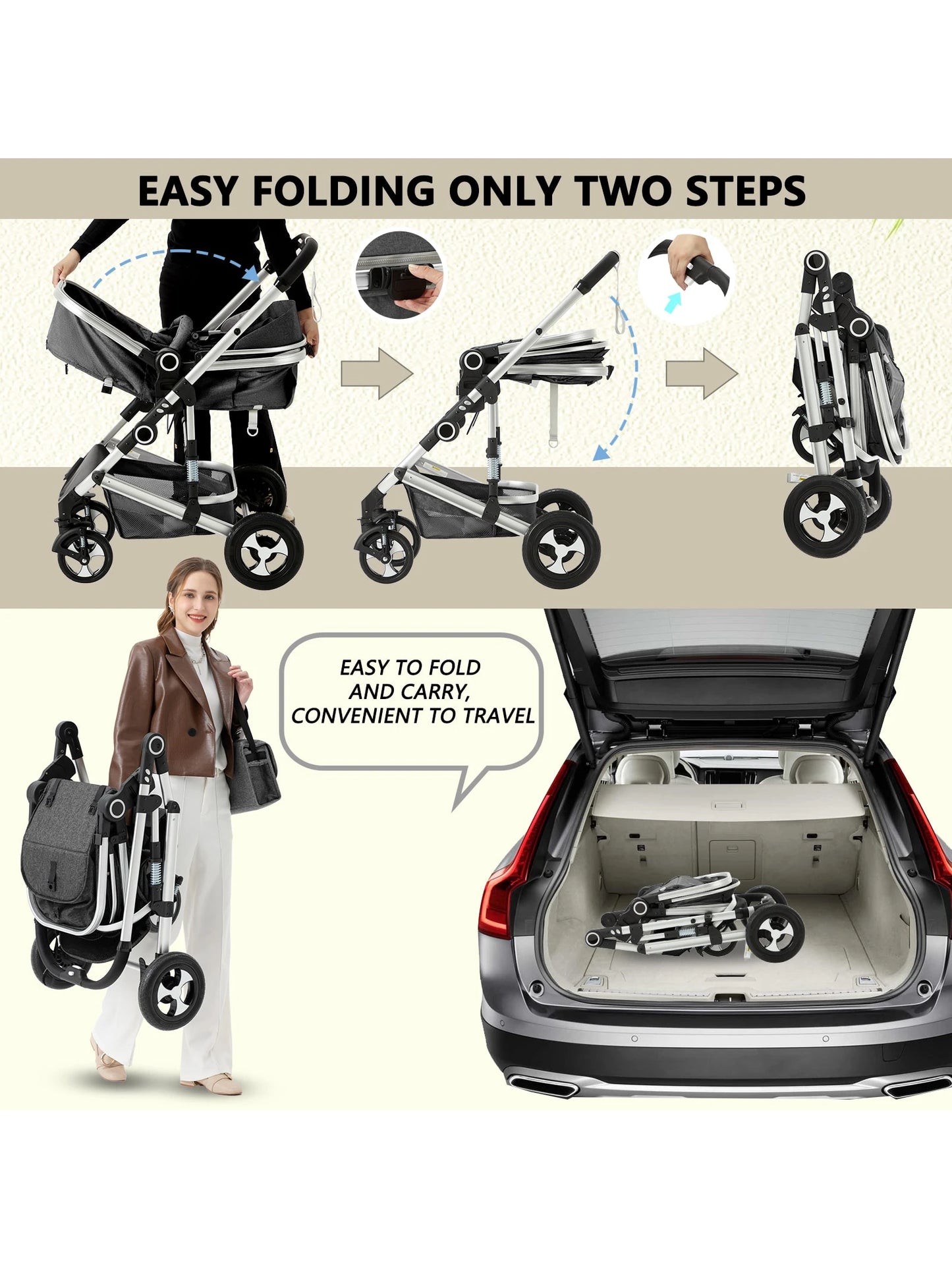 Kinder King 2 in 1 Convertible Baby Stroller, Folding High Landscape Infant Carriage, Newborn Reversible Pram, Adjustable Canopy, Diaper Bag