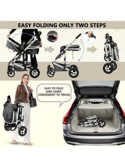 Kinder King 2 in 1 Convertible Baby Stroller, Folding High Landscape Infant Carriage, Newborn Reversible Pram, Adjustable Canopy, Diaper Bag
