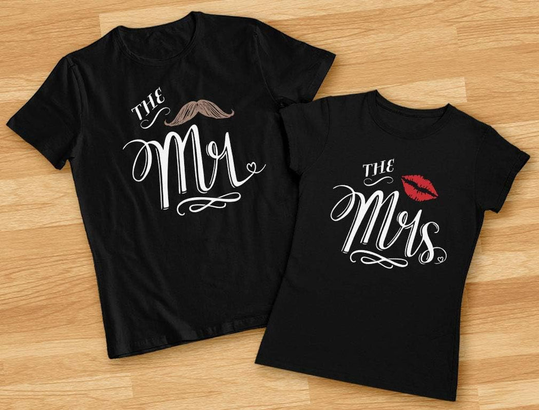 Mr & Mrs Matching Shirts for Couples Husband Wife Him and Her Couple Outfits T-Shirts Men Small/Women Medium Black