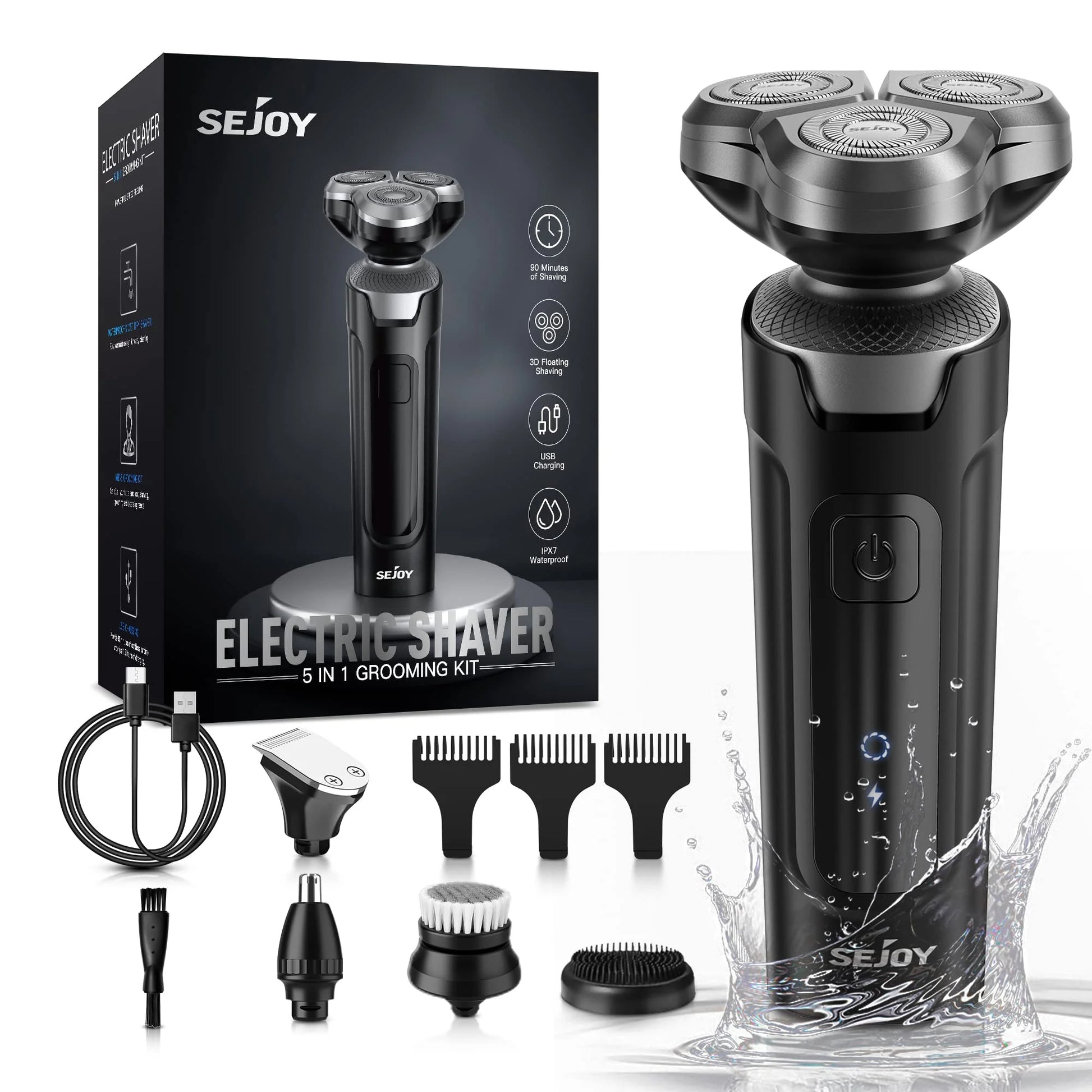 Men'S Electric Shaver, 5 in 1 Rotary Razor Trimmer, Cordless Rechargeable Waterproof, Black