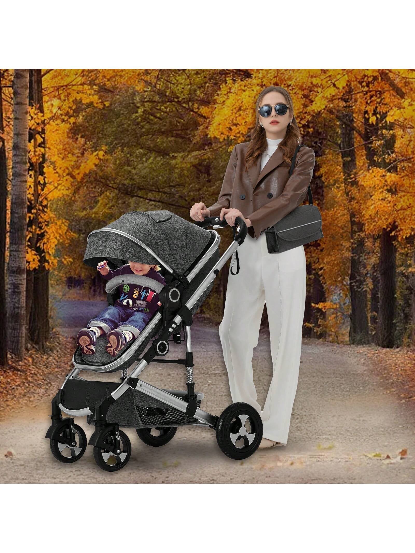 Kinder King 2 in 1 Convertible Baby Stroller, Folding High Landscape Infant Carriage, Newborn Reversible Pram, Adjustable Canopy, Diaper Bag