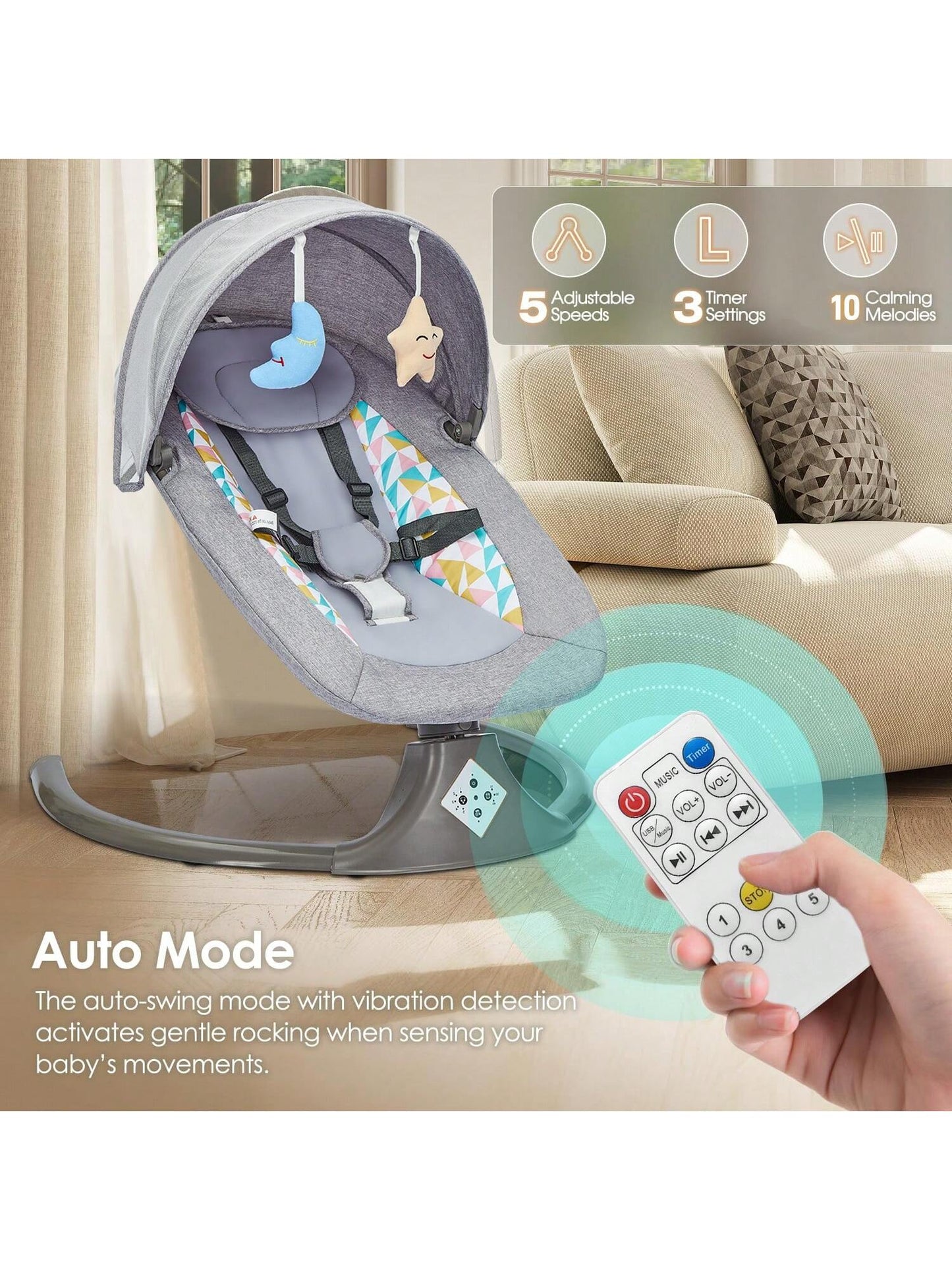 Portable Baby Swings Designed for Infants, Featuring a 5-Point Harness and a Lightweight Structure. They Are Easy to Fold and Suitable for Newborns and Infants Aged 0-12 Months, Supporting a Weight of up to 20 Lbs, and Can Be Used Both Indoors and Ou