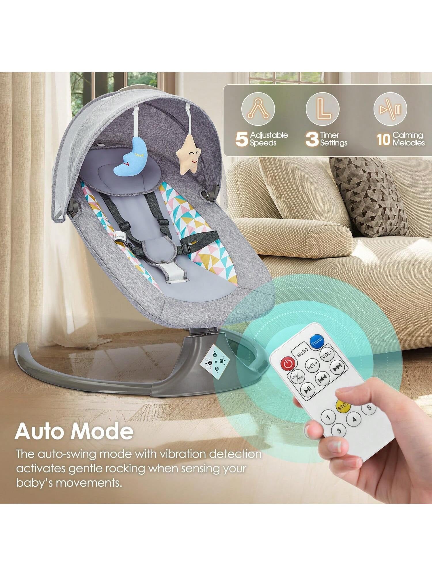 Portable Baby Swings Designed for Infants, Featuring a 5-Point Harness and a Lightweight Structure. They Are Easy to Fold and Suitable for Newborns and Infants Aged 0-12 Months, Supporting a Weight of up to 20 Lbs, and Can Be Used Both Indoors and Ou