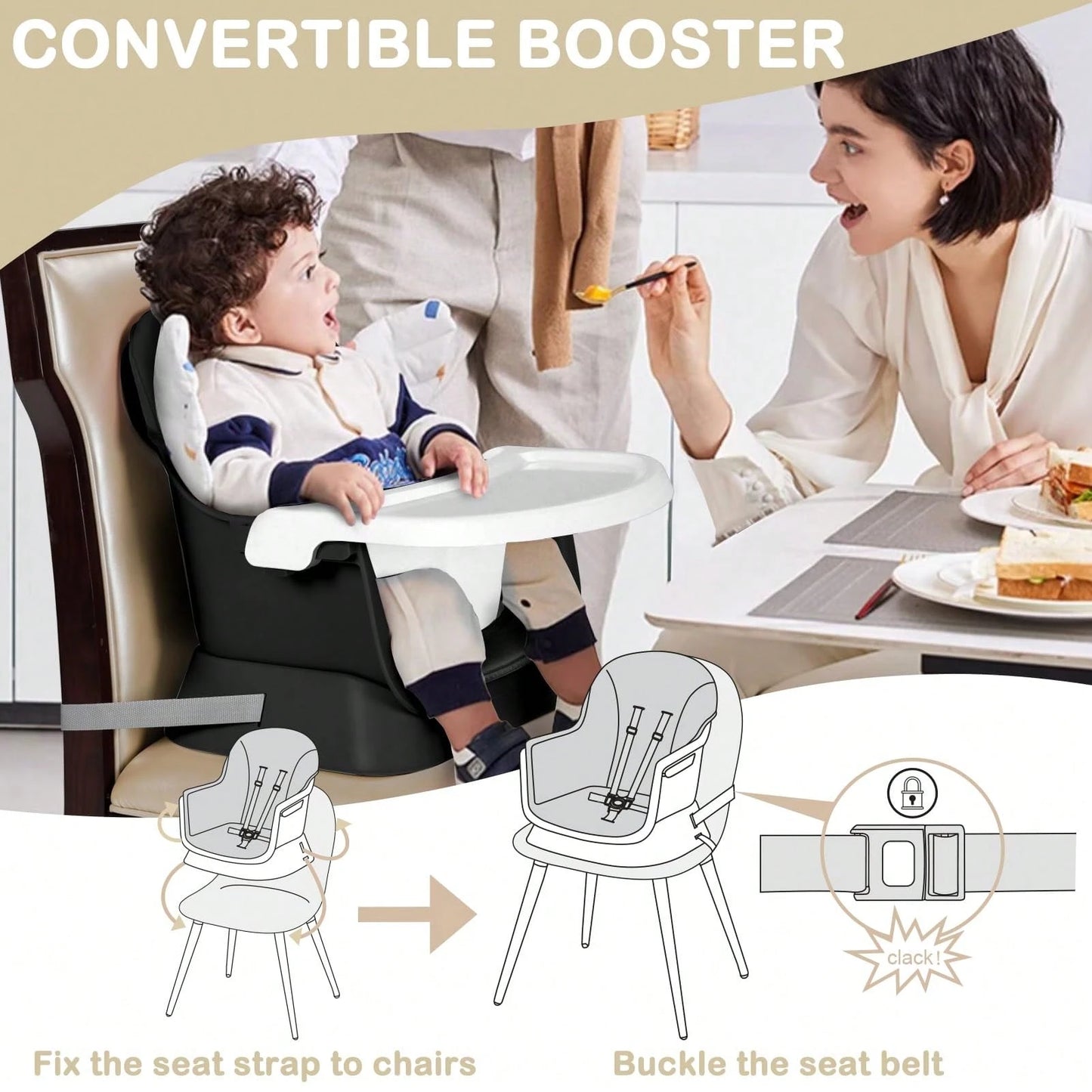 Kinder King 8 in 1 Baby High Chair, Coverts to Dining Booster Seat/Kids Table & Chair Set/Toddler Building Block Table/Kids Stool, Removable Tray & Double Seat Cover, Easy to Wipe, Christmas Gift, Black