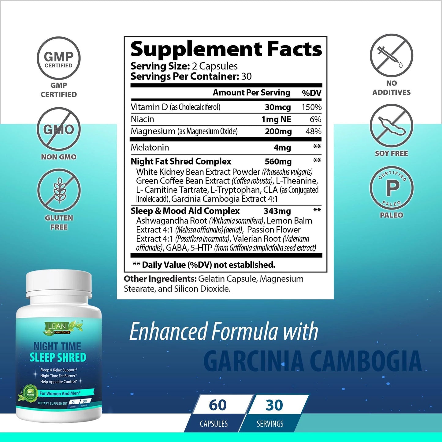 Weight Loss Sleep Aid Night Time Shred Fast Fat Burner, Melatonin L Theanine Cla Ashwagandha Valerian Root 5HTP Pill, Appetite Suppressant Metabolism Booster Calm Supplement for Women Men, 60 Capsule