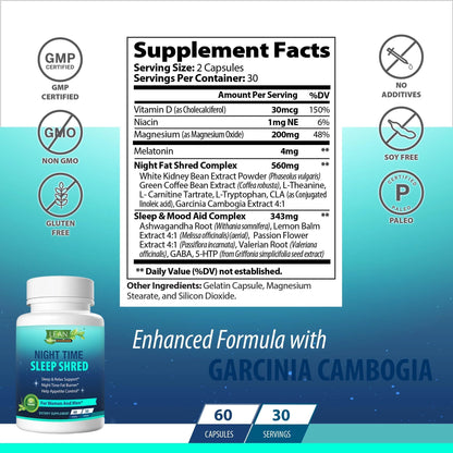 Weight Loss Sleep Aid Night Time Shred Fast Fat Burner, Melatonin L Theanine Cla Ashwagandha Valerian Root 5HTP Pill, Appetite Suppressant Metabolism Booster Calm Supplement for Women Men, 60 Capsule