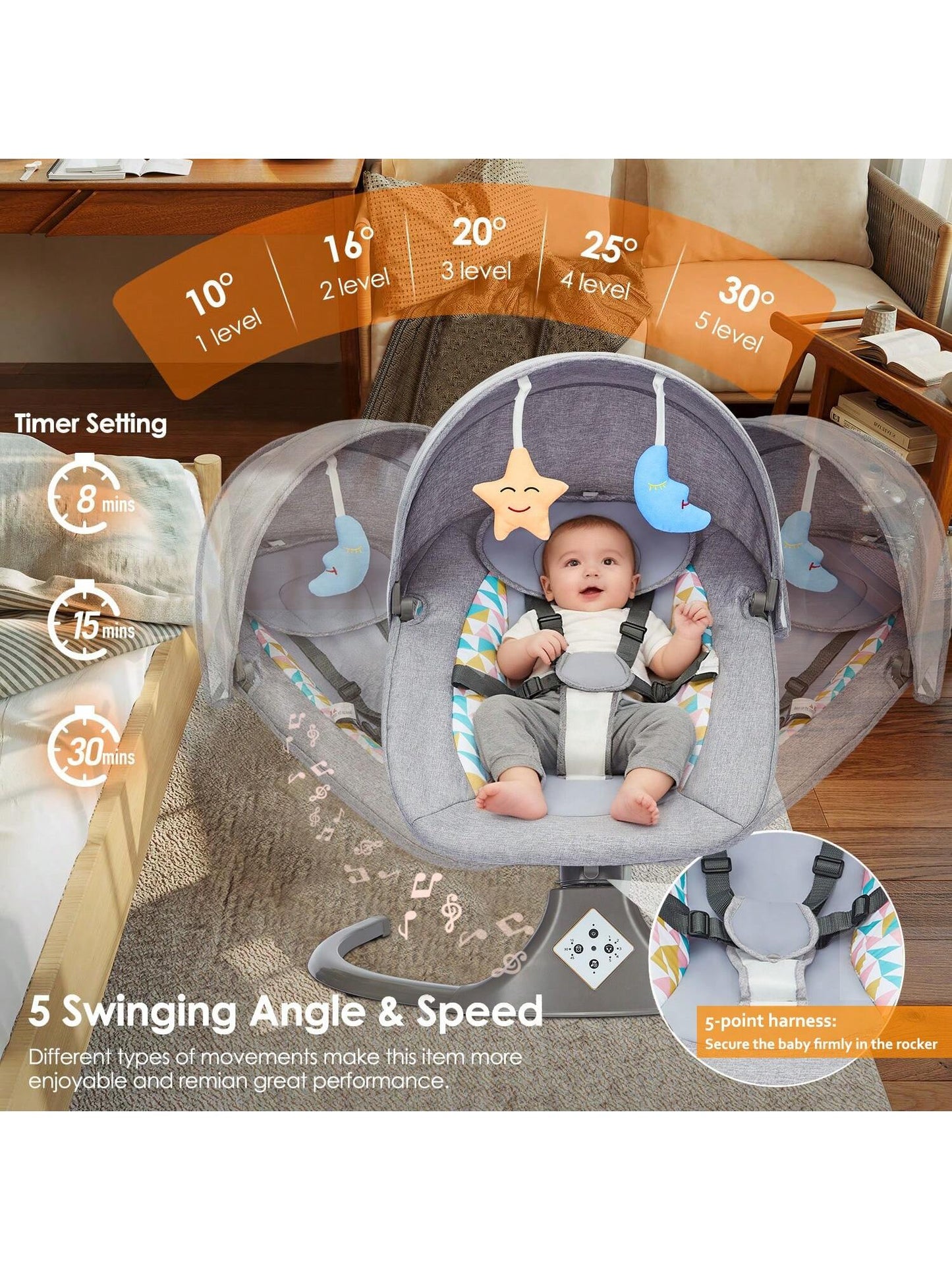 Portable Baby Swings Designed for Infants, Featuring a 5-Point Harness and a Lightweight Structure. They Are Easy to Fold and Suitable for Newborns and Infants Aged 0-12 Months, Supporting a Weight of up to 20 Lbs, and Can Be Used Both Indoors and Ou
