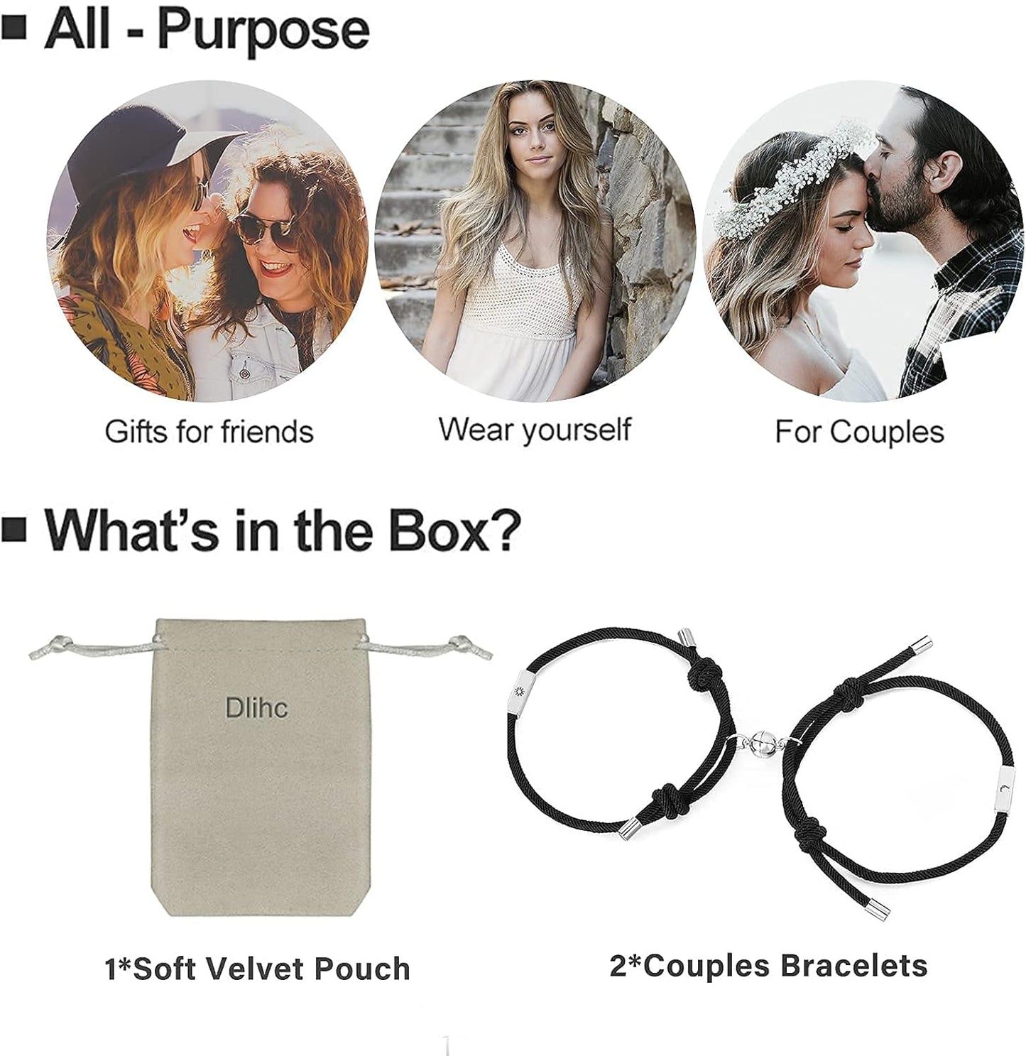 2Pcs Couples Bracelets for Women Men, Matching Bracelets for Couples, Matching Heart Bracelets for Boyfriend Girlfriend Best Friend