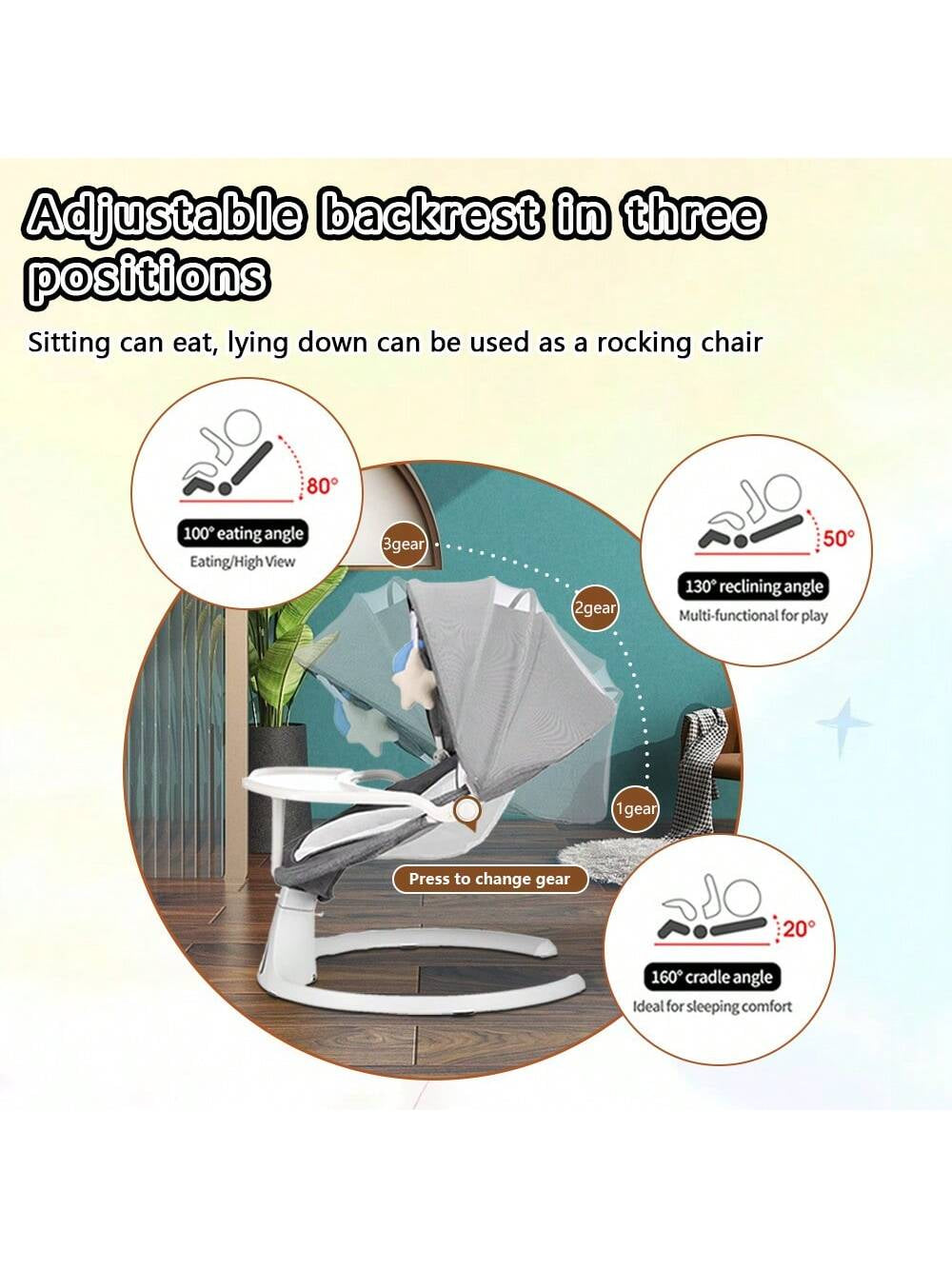 Baby Swings Chair for 0-12 Months with 3 Positions, 5-Point Harness, 5 Speeds, Aluminum Alloy Frame, Portable Indoor & Outdoor Rocker with Musical Speaker, No Assembly Required - Ideal for Infants, Perfect Gift for Halloween & Christmas