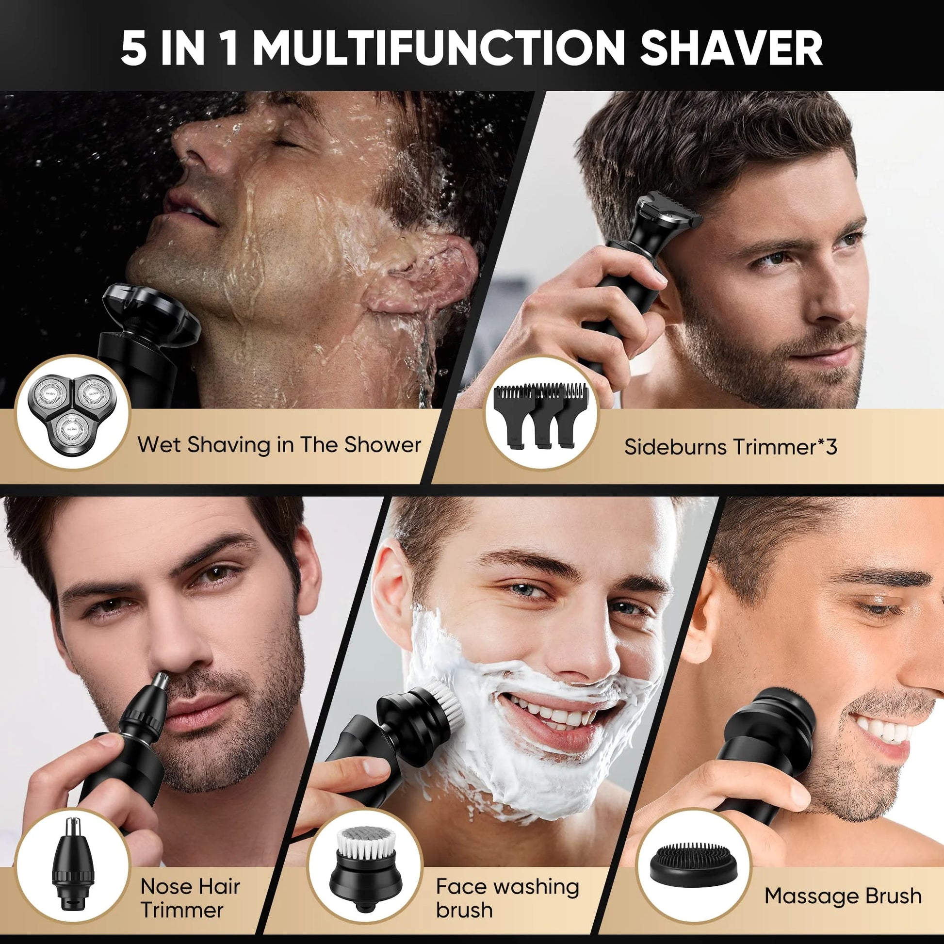 Men'S Electric Shaver, 5 in 1 Rotary Razor Trimmer, Cordless Rechargeable Waterproof, Black