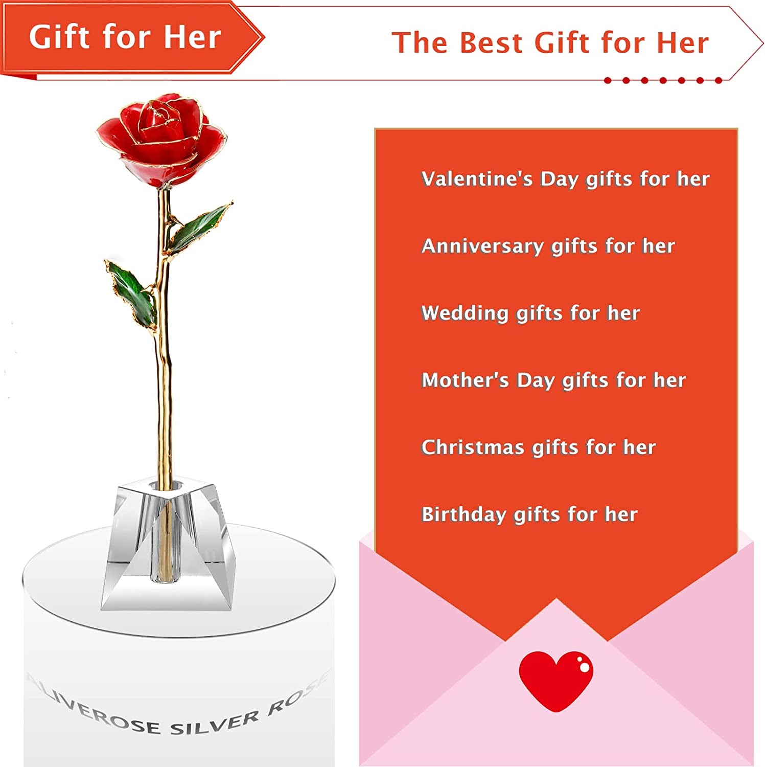 Valentines Day Gift Rose, Long Stem Rose Made from 24K Gold Dipped Real Rose Gift for Her Rose(Red with Crystal Vase)