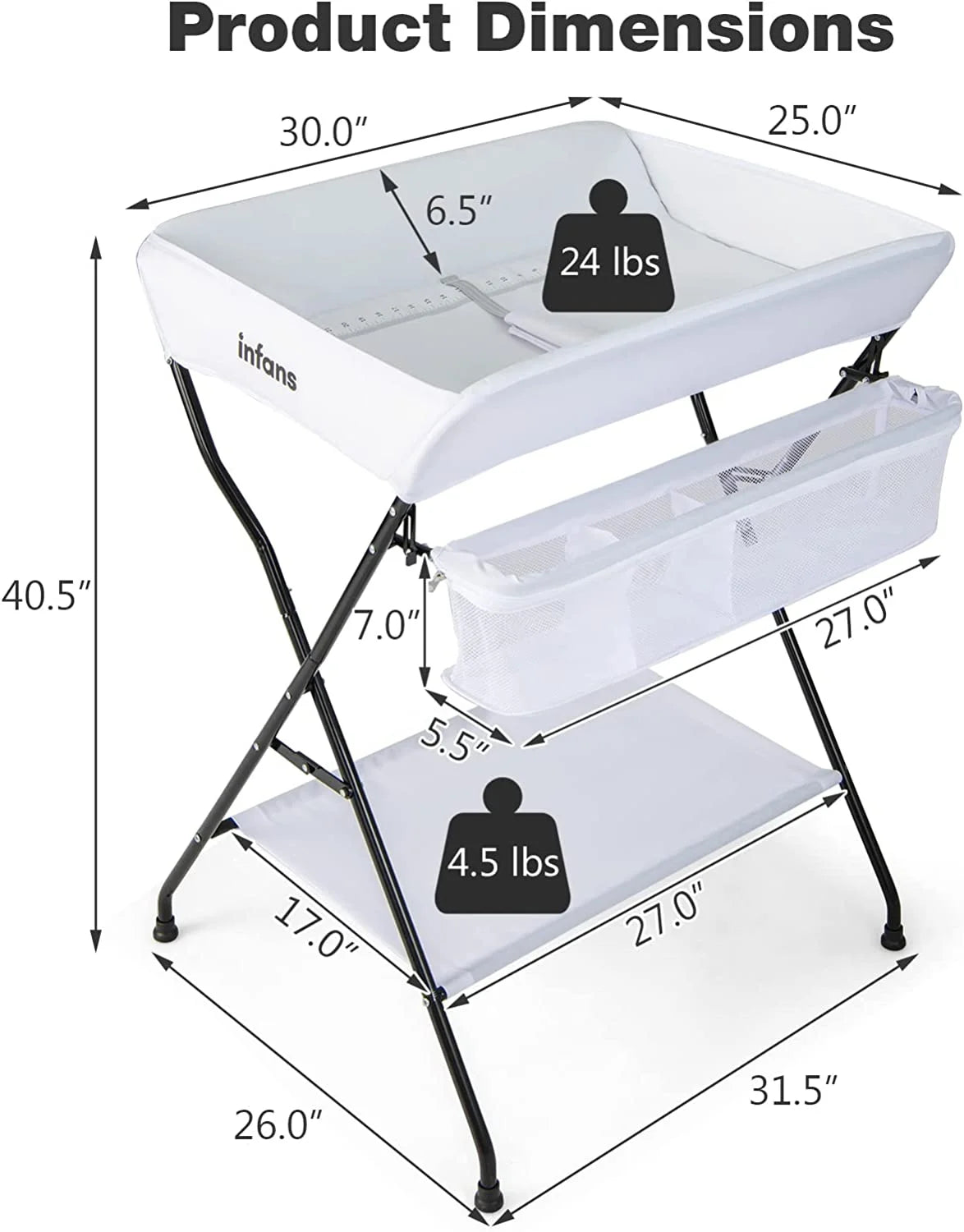 Baby Changing Table, Folding Diaper Station Portable Nursery Organizer with Safety Belt and Large Storage Racks for Newborn Baby and Infant (White)