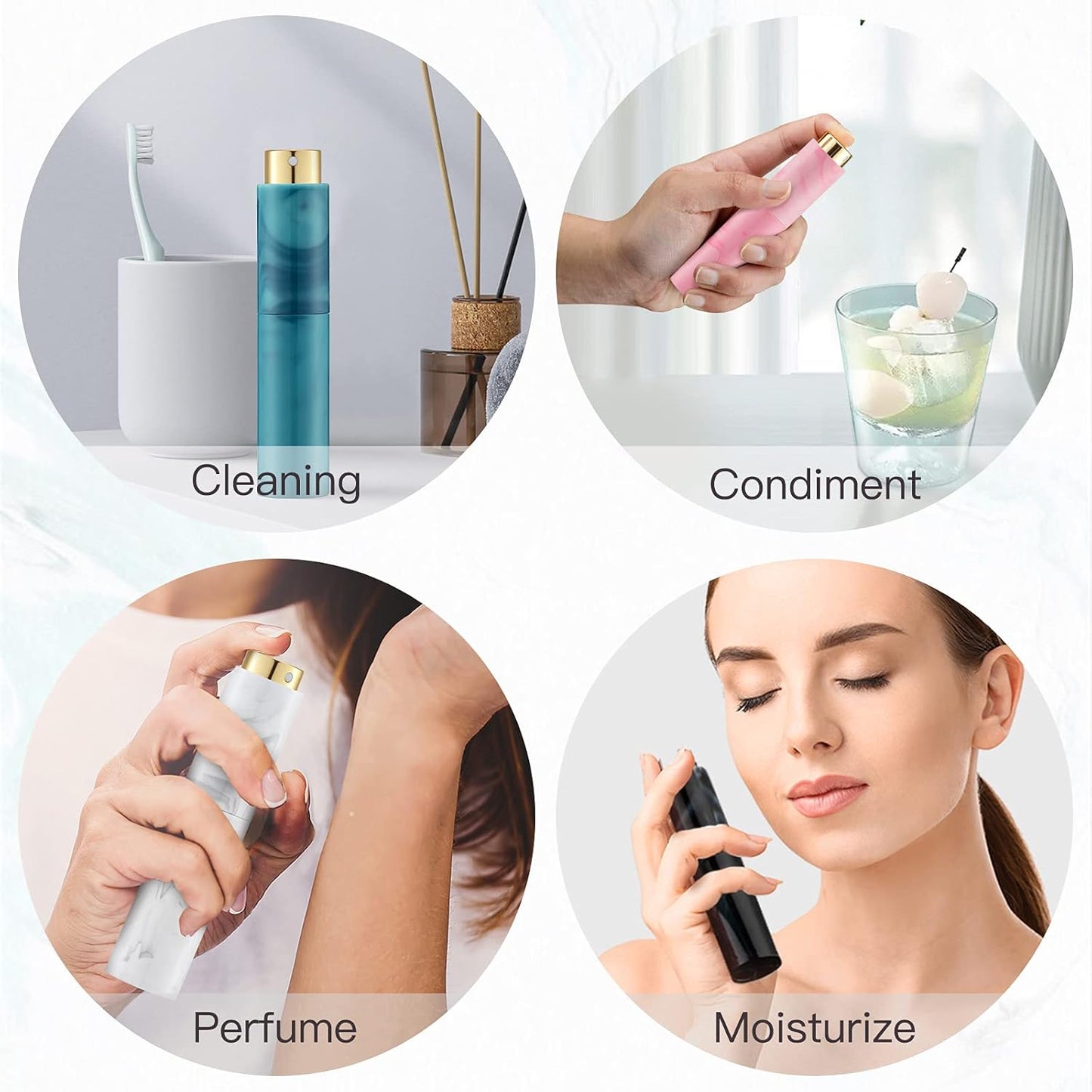 10ML Perfume Atomizer Travel (4 PCS), Refillable Cologne Containers, Dispenser Spray Empty Bottle for Mini Sprayer Size (Black&Pink&White&Blue, Marble)
