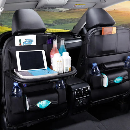 Car Seat Back Organizer with Foldable Table Tray PU Leather Storage Organizer with Pockets Kick Mats Seat Interior Accessories
