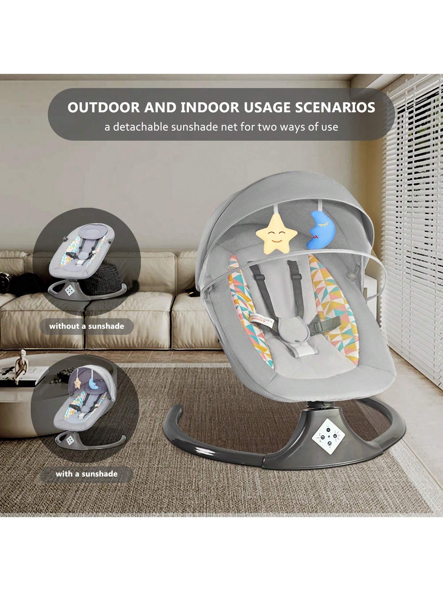 Portable Baby Swings Designed for Infants, Featuring a 5-Point Harness and a Lightweight Structure. They Are Easy to Fold and Suitable for Newborns and Infants Aged 0-12 Months, Supporting a Weight of up to 20 Lbs, and Can Be Used Both Indoors and Ou