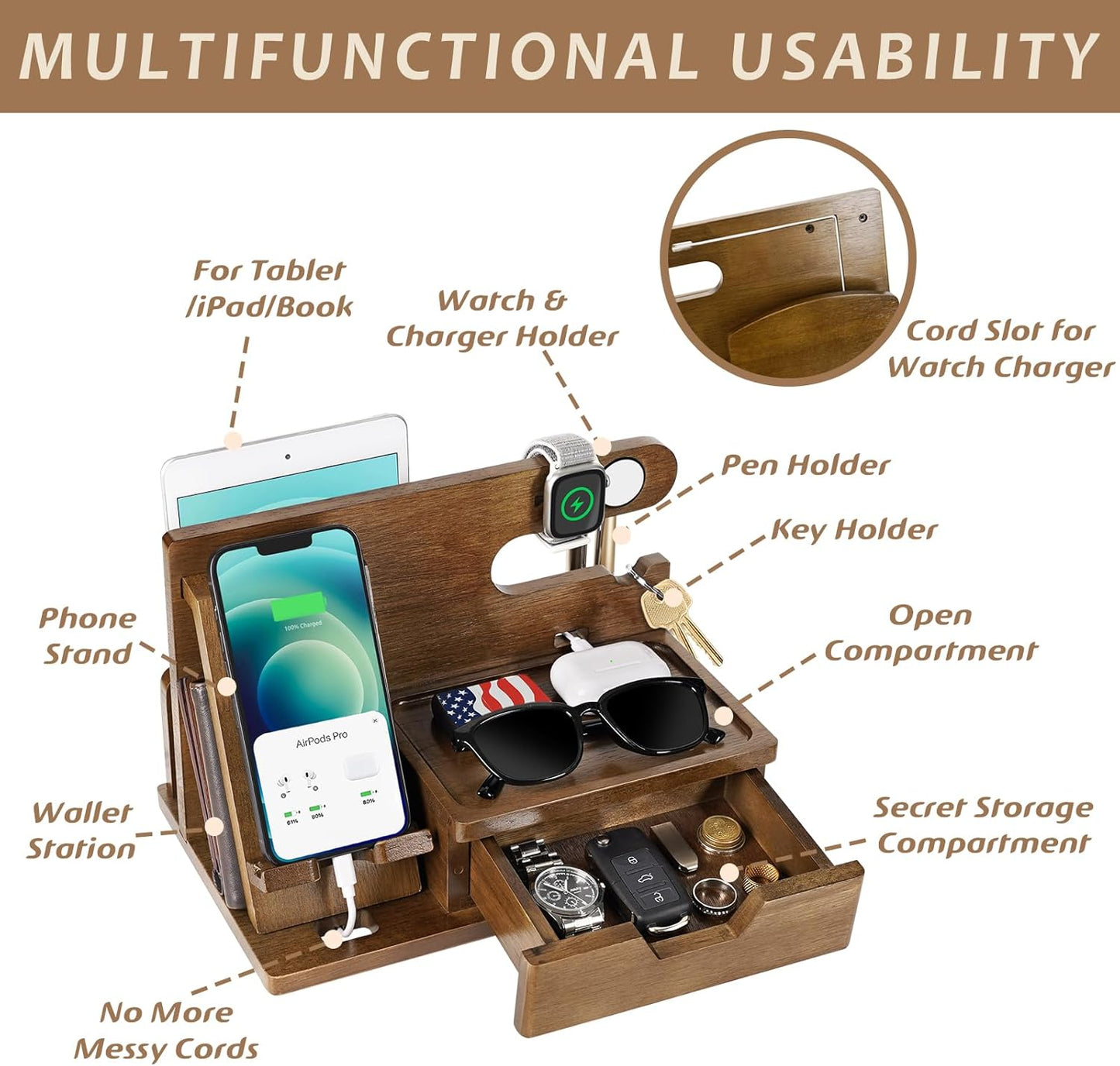 Gifts for Men Him Husband Dad, Wood Phone Docking Station with Drawer, Christmas Xmas Birthday Anniversary Men Him Husband Boyfriend Gifts from Girlfriend, Mens Nightstand Organizer Presents Ideas