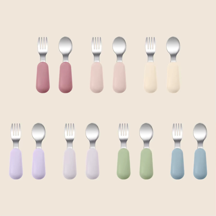 2PCS Baby Silicone Stainless Steel Fork Spoon Portable Baby Tableware Feeding Training Baby Utensils Solid Color Baby Stuff