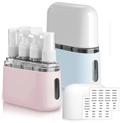 Travel Bottle Set, 8 Pack TSA Approved Leakproof Travel Size Toiletry Containers, Refillable Lotion and Spray Bottles with Labels and Storage Box, Blue & Pink