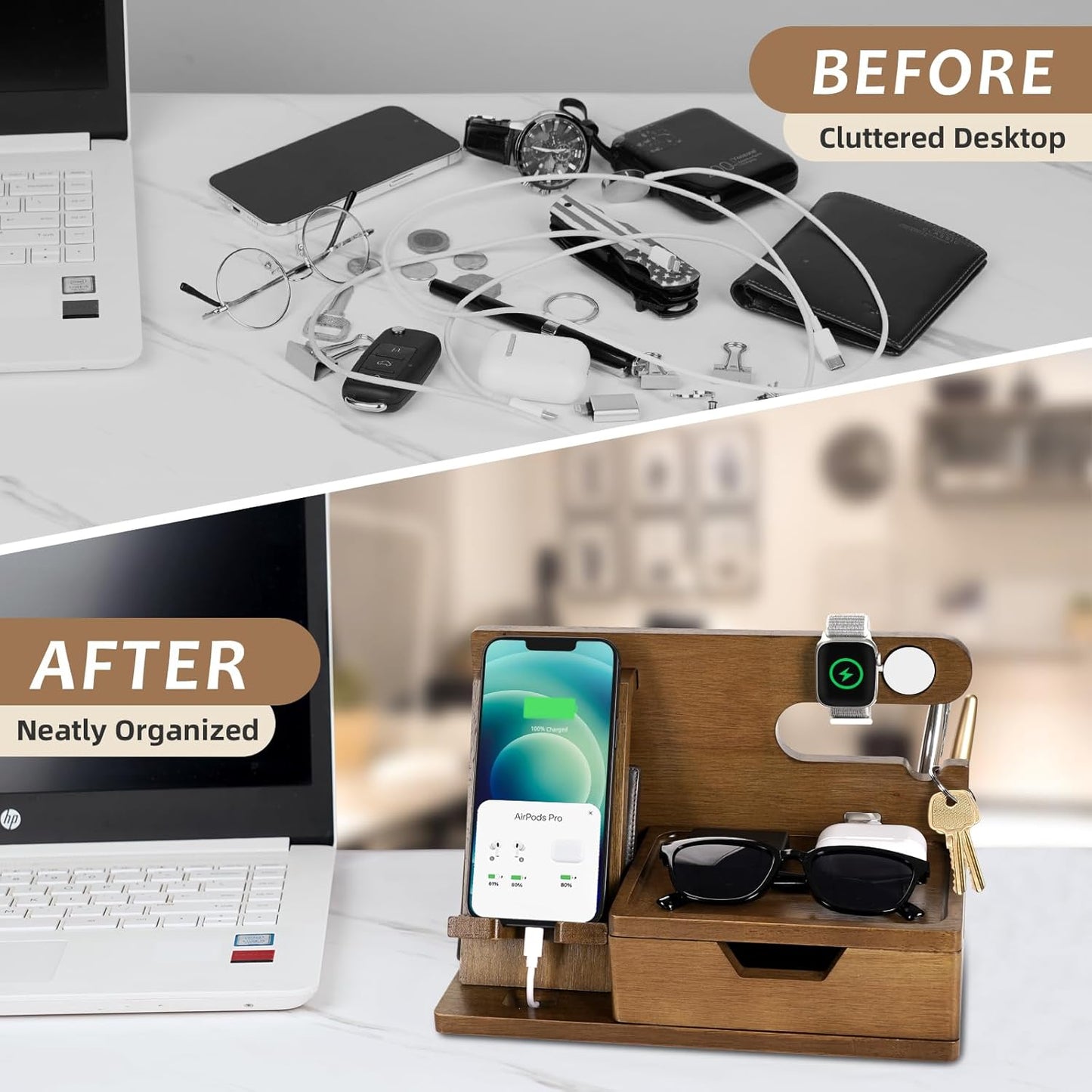 Gifts for Men Him Husband Dad, Wood Phone Docking Station with Drawer, Christmas Xmas Birthday Anniversary Men Him Husband Boyfriend Gifts from Girlfriend, Mens Nightstand Organizer Presents Ideas